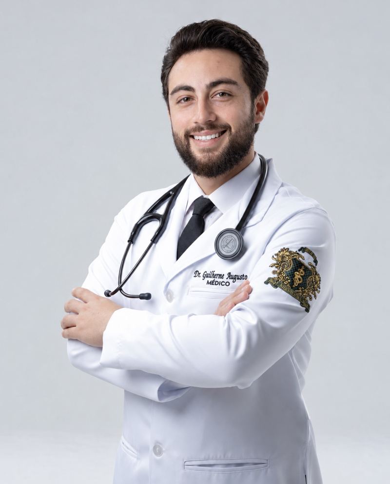 Dr. Guilherme Augusto de jaleco branco e estetoscópio, sorrindo, com os braços cruzados