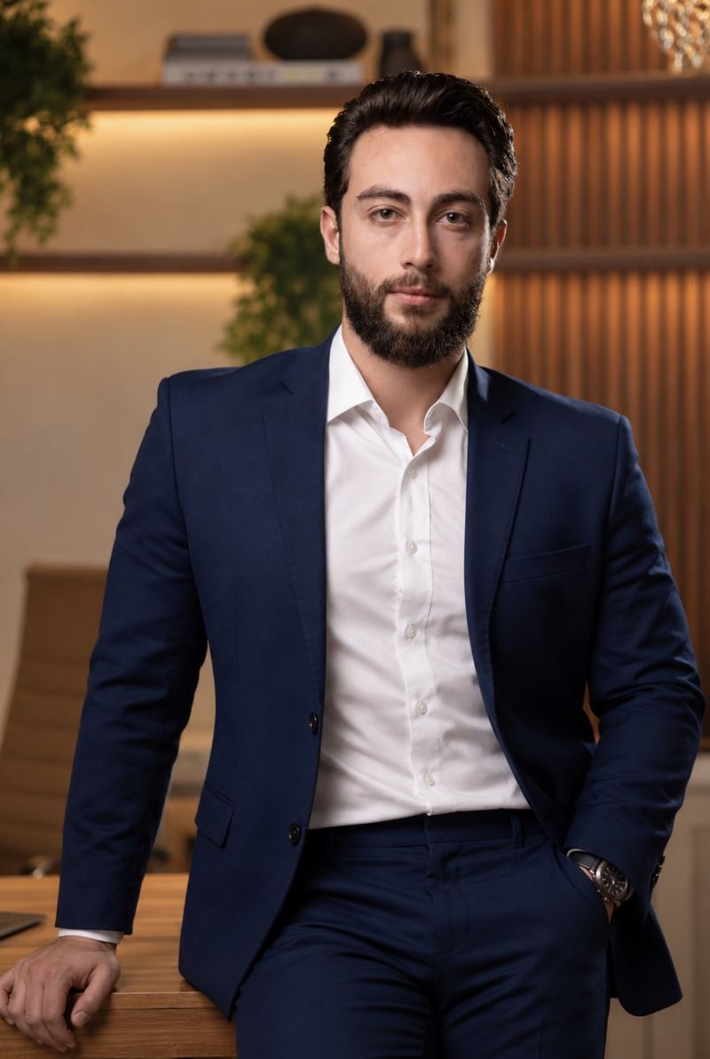 Dr. Guilherme Augusto de terno azul-marinho e camisa branca, em um escritório